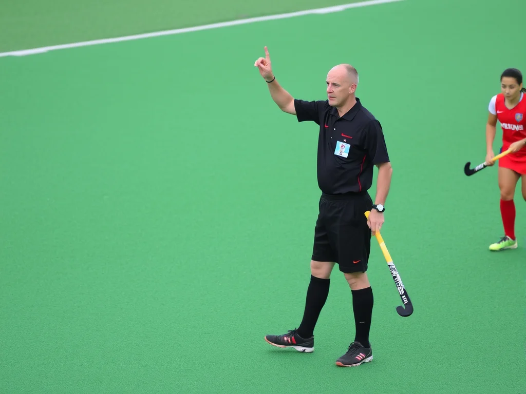 Umpire signaling a penalty in field hockey